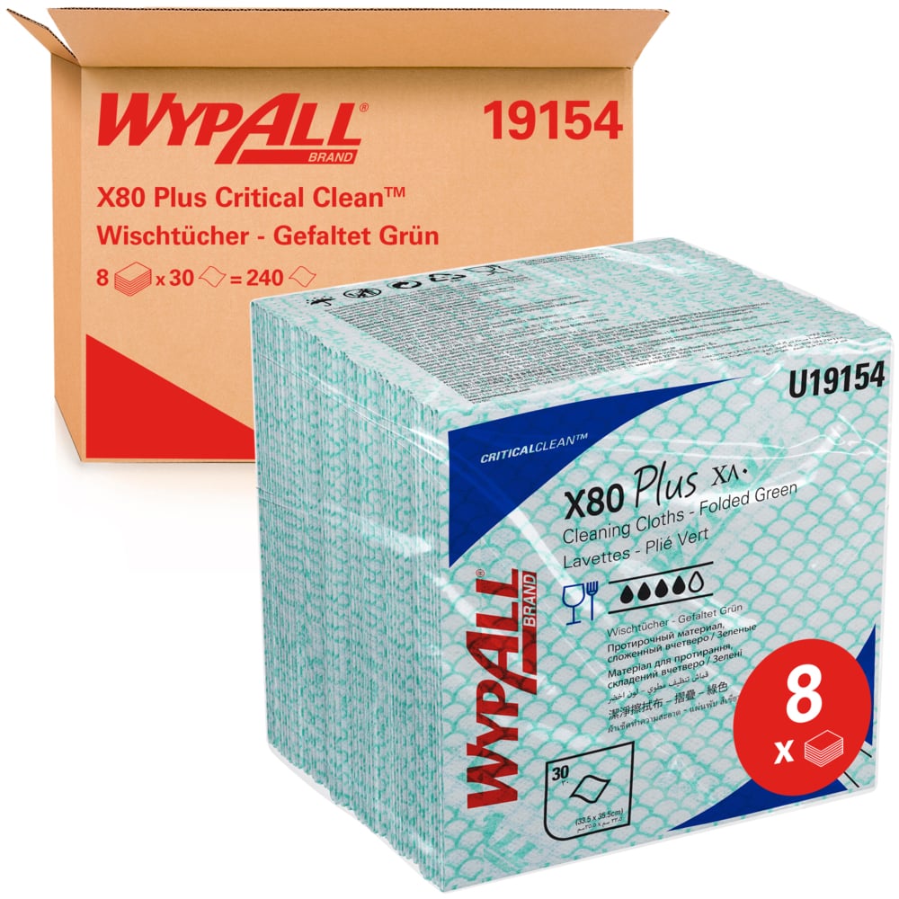 WypAll® X80 Plus Critical Clean™ Tücher 19154 – Farbcodierte Reinigungstücher Grün – 8 Packungen mit je 30 viertelgefalteten grünen Tüchern (240 wiederverwendbare Wischtücher) - 19154