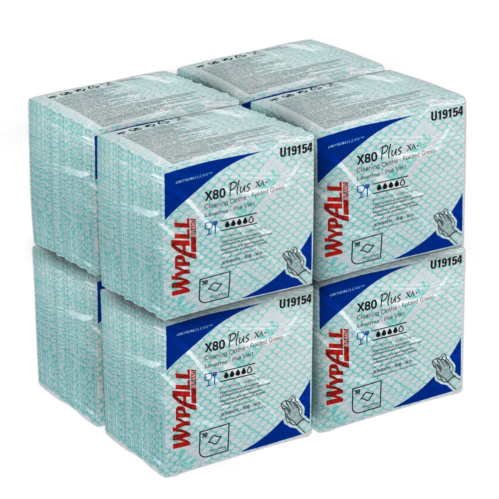 Протирочные материалы WypAll® X80 Plus Critical Clean™, код 19154, протирочные материалы с цветовой кодировкой зеленого цвета, 8 упаковок x 30 сложенных вчетверо зеленых протирочных материалов (240 многоразовых протирочных материалов) - 19154