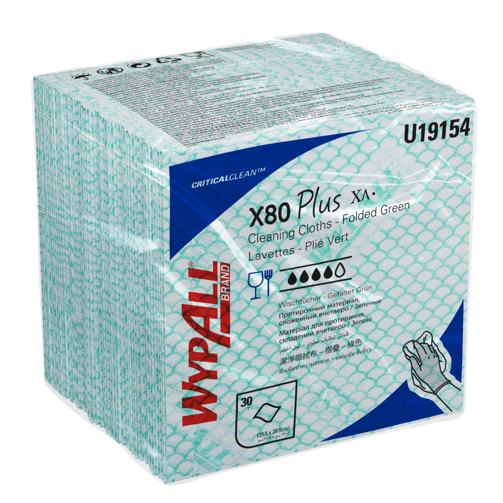 WypAll® X80 Plus Critical Clean™ Cloths 19154 - Green Colour Coded Cleaning Cloths - 8 Packs x 30 Quarter Fold Green Cloths (240 Reusable Wipes) - 19154