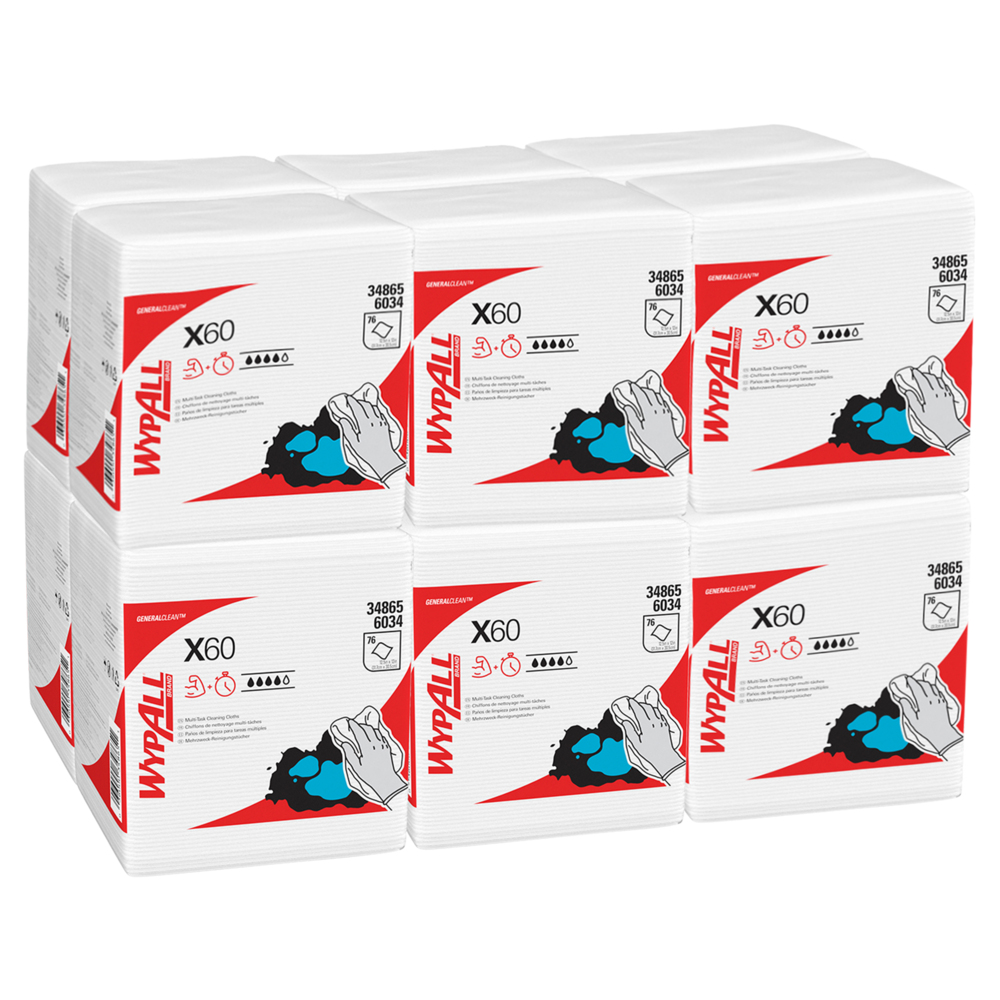 WypAll® X60 General Clean™ viertelgefaltete Reinigungstücher 6034 – wiederverwendbare Tücher – 12 Packungen x 76 weiße Tücher (insges. 912) - 6034