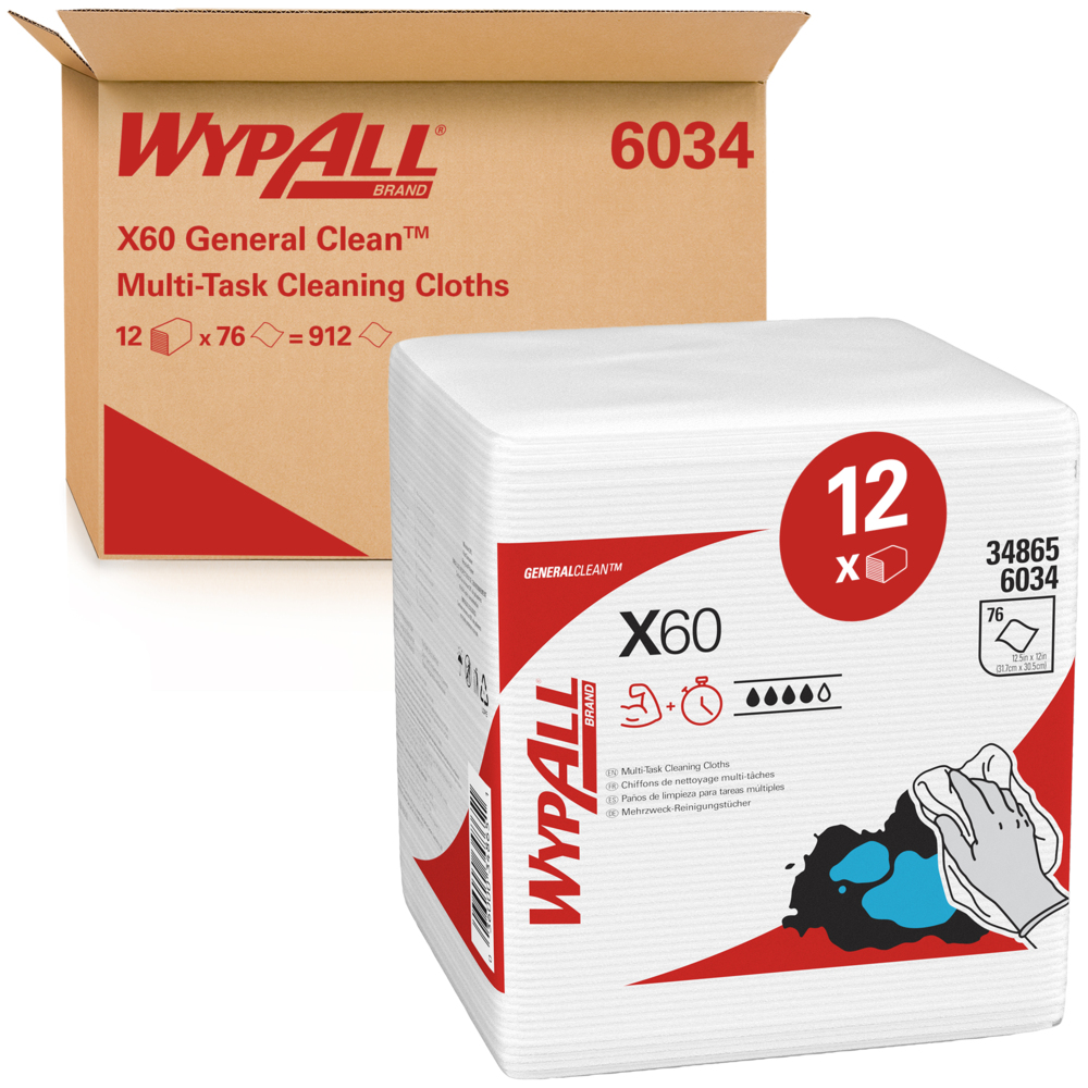 WypAll® X60 General Clean™ Quarterfold Cleaning Cloths 6034 – Reusable Cloths – 12 Packs x 76 White Cloths (912 Total) - 6034