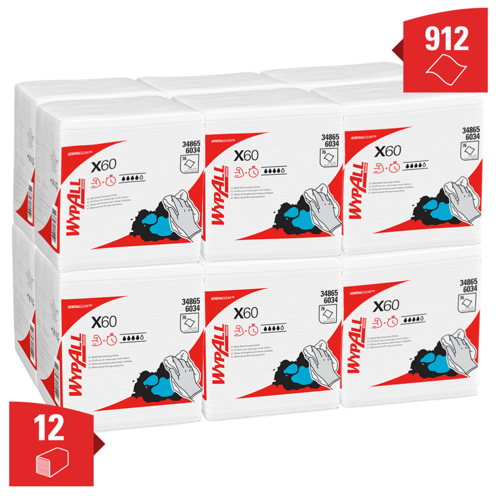 WypAll® X60 General Clean™ kwartgevouwen poetsdoeken 6034 – herbruikbare poetsdoeken – 12 pakken x 76 witte poetsdoeken (912 in totaal) - 6034