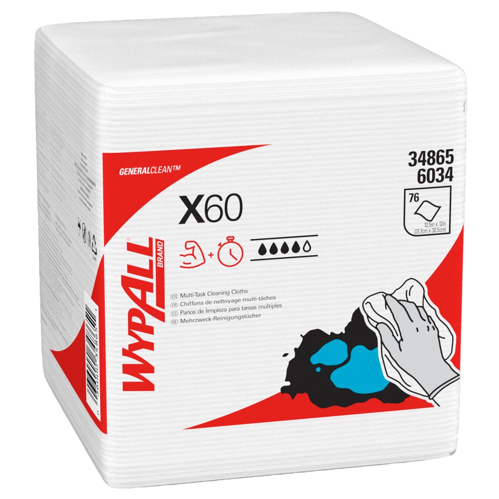 WypAll® X60 General Clean™ viertelgefaltete Reinigungstücher 6034 – wiederverwendbare Tücher – 12 Packungen x 76 weiße Tücher (insges. 912) - 6034