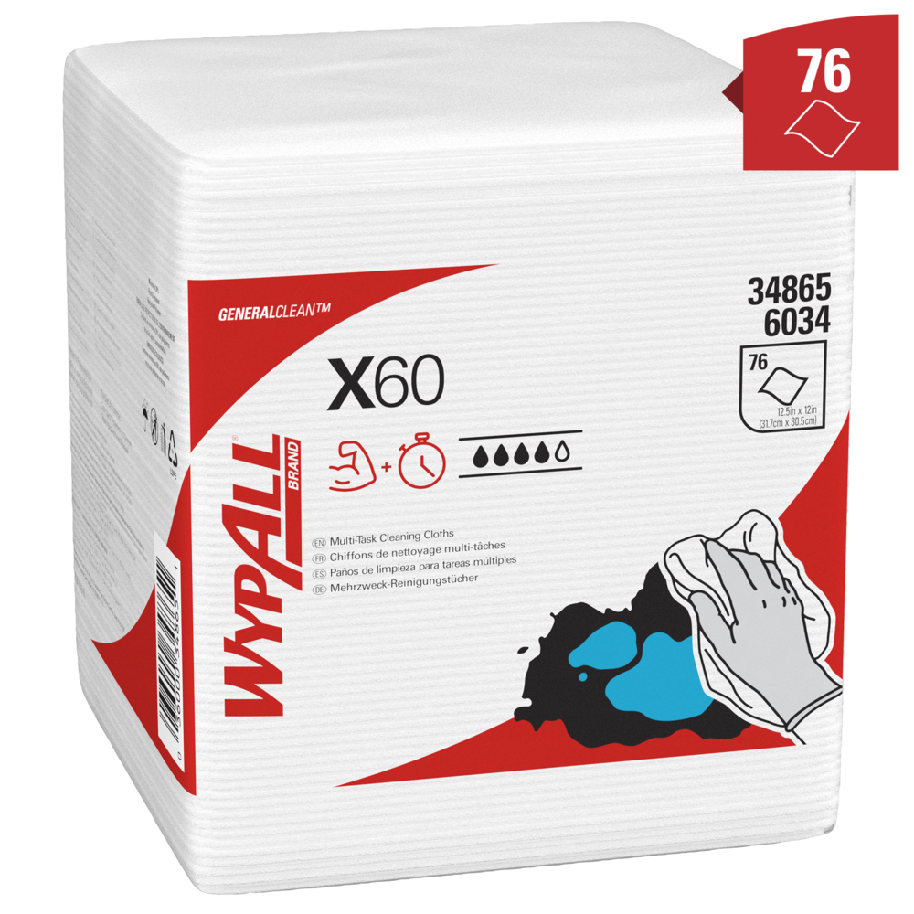 WypAll® X60 General Clean™ kwartgevouwen poetsdoeken 6034 – herbruikbare poetsdoeken – 12 pakken x 76 witte poetsdoeken (912 in totaal) - 6034