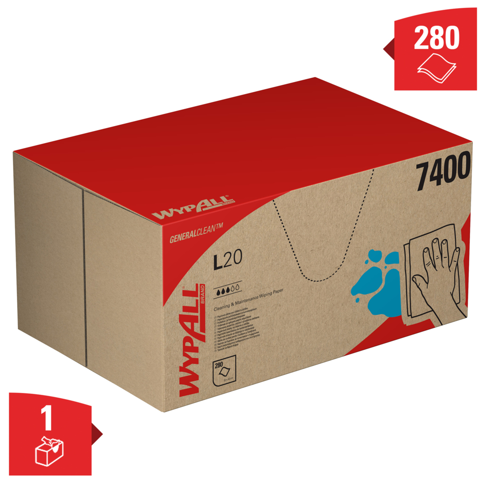 Essuyeurs en papier WypAll® L20 General Clean™ pour le nettoyage et l'entretien 7400 – Essuyeurs – 1 boîte BRAG™ de 280 essuyeurs bleus 2 épaisseurs - 7400