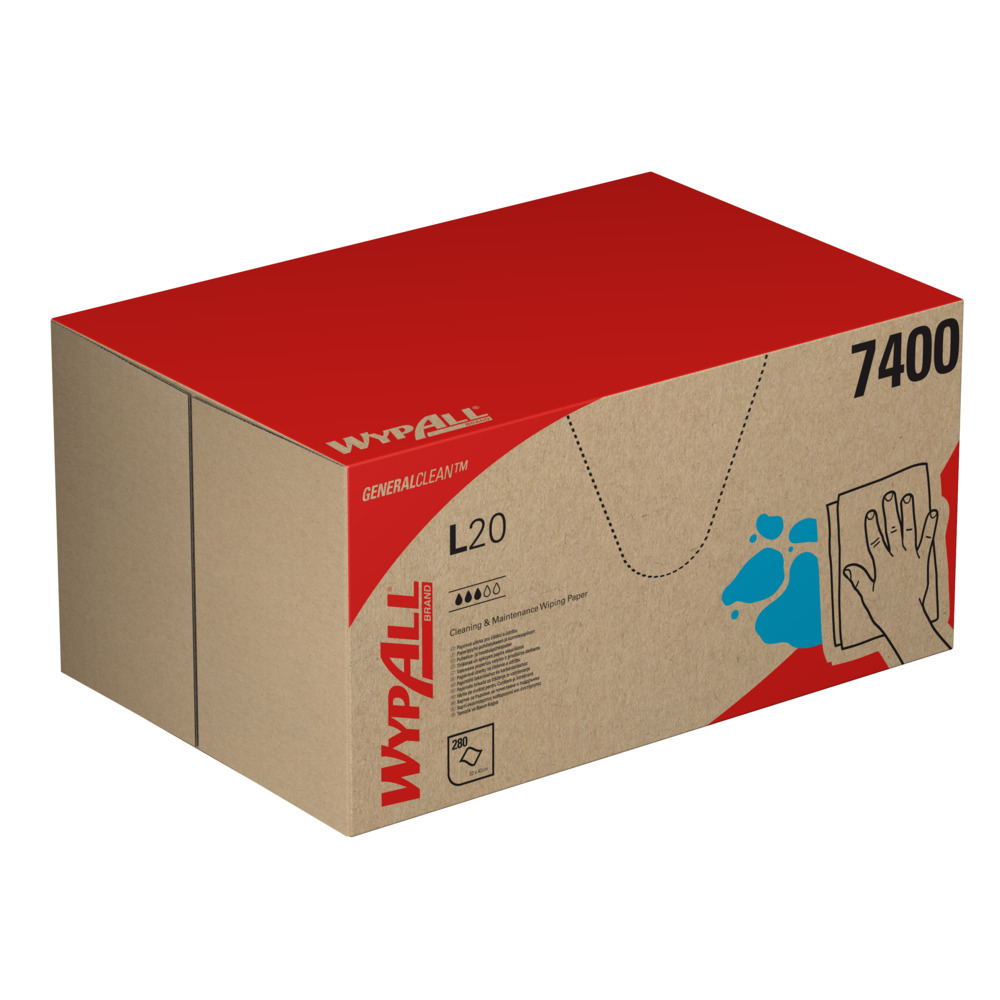 WypAll® L20 General Clean™ 7400 papieren poetsdoeken voor schoonmaken en onderhoud - poetsdoeken – 1 BRAG™ Box x 280 blauwe 2-laagse poetsdoeken - 7400