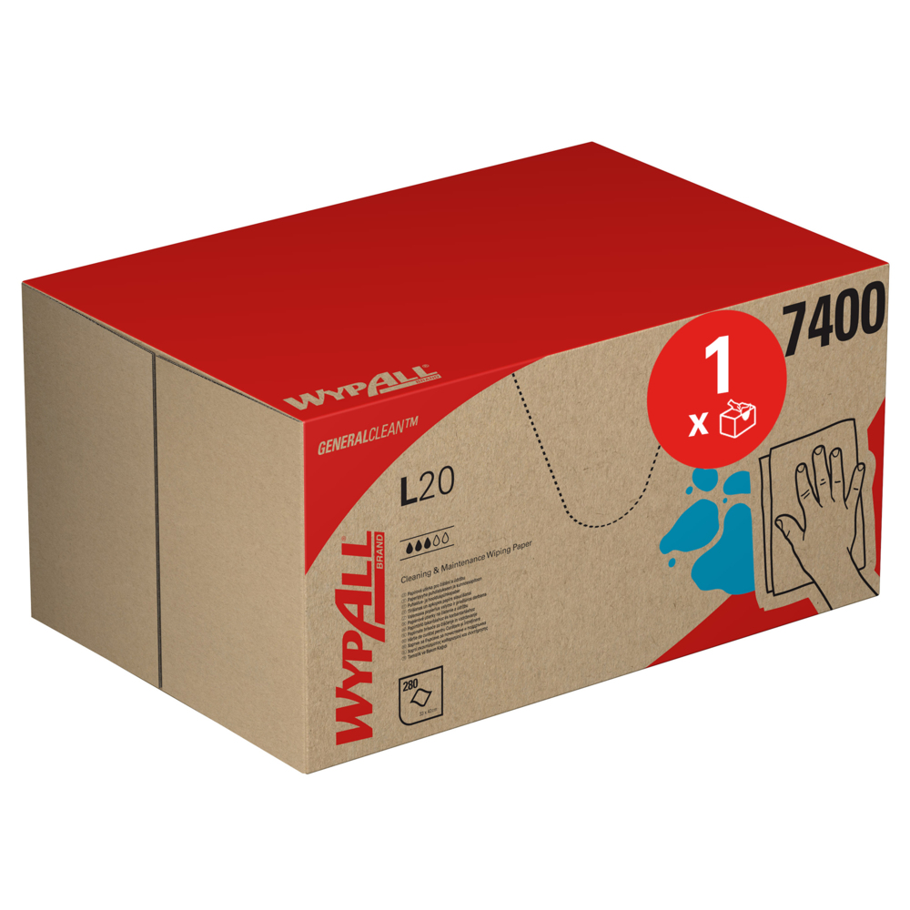 WypAll® L20 General Clean™ 7400 papieren poetsdoeken voor schoonmaken en onderhoud - poetsdoeken – 1 BRAG™ Box x 280 blauwe 2-laagse poetsdoeken - 7400