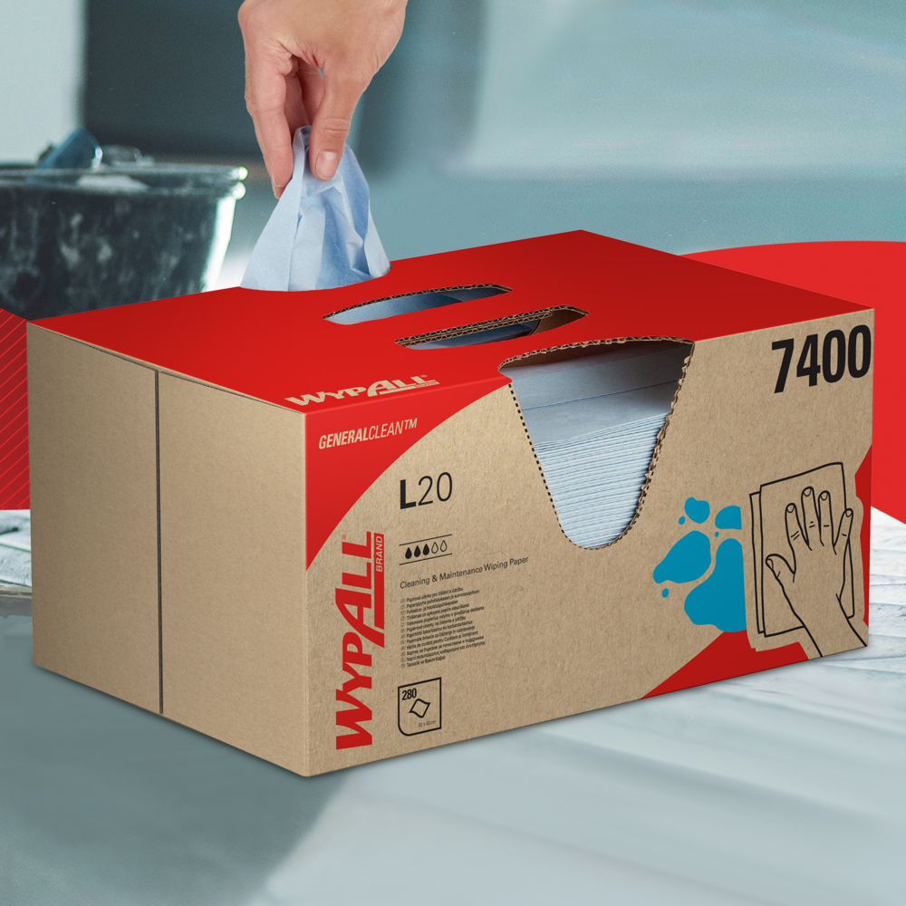 WypAll® L20 General Clean™-Reinigungstücher für Reinigung und Wartung 7400 – Reinigungstücher – 1 BRAG™-Box x 280 blaue 2-lagige Wischtücher - 7400