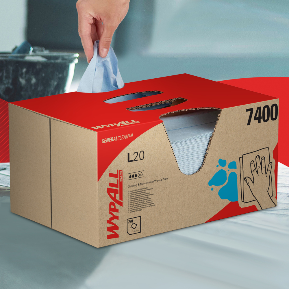 WypAll® L20 General Clean™ 7400 papieren poetsdoeken voor schoonmaken en onderhoud - poetsdoeken – 1 BRAG™ Box x 280 blauwe 2-laagse poetsdoeken - 7400