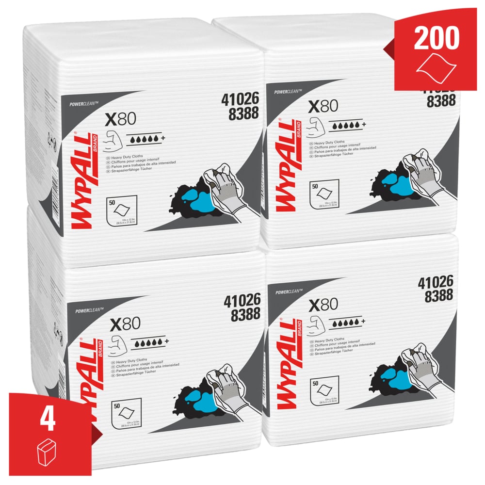 WypAll® X80 Power Clean™-poetsdoeken 8388 - herbruikbare poetsdoeken - 4 pakken x 50 kwartgevouwen, witte, absorberende poetsdoeken (200 in totaal) - 8388