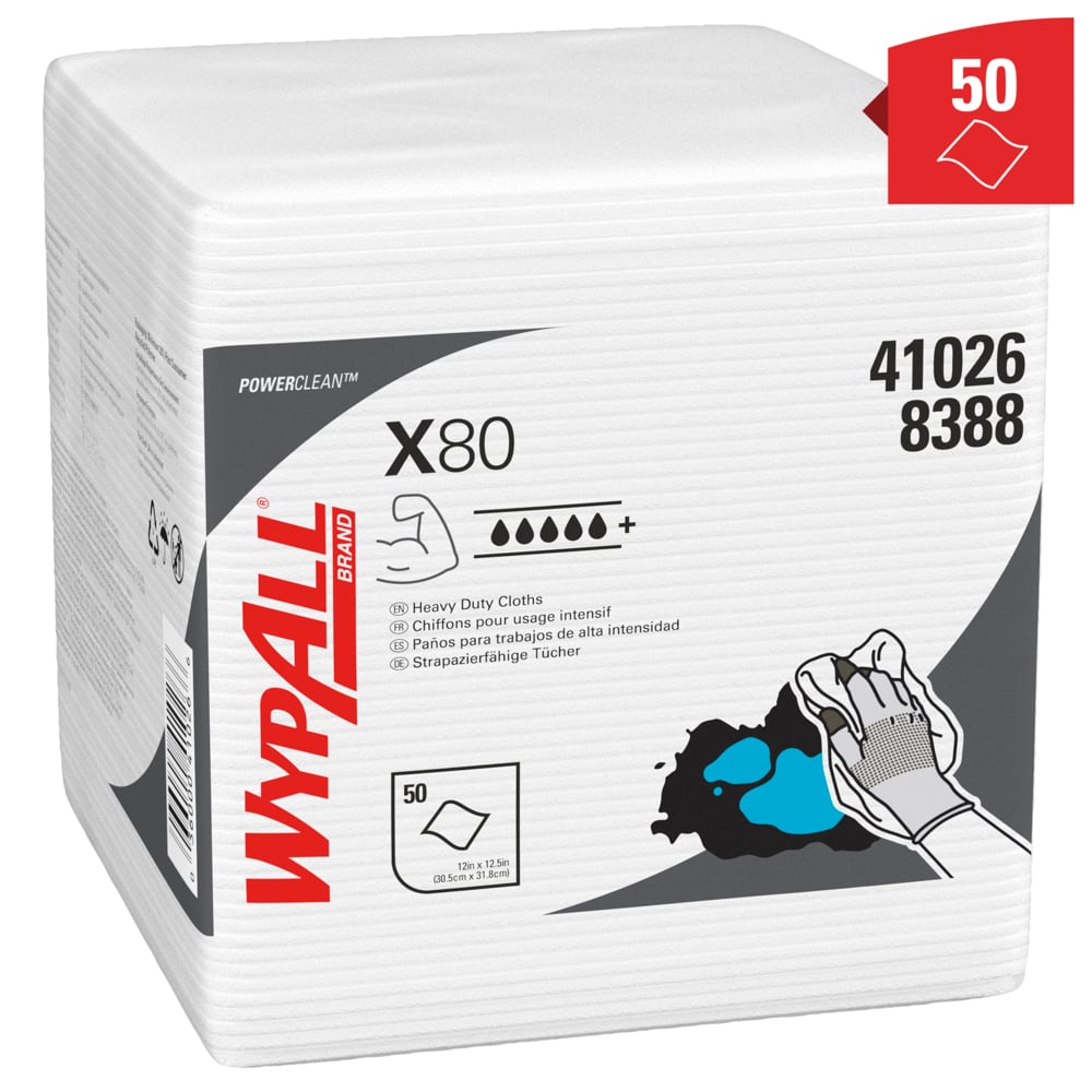 WypAll® X80 Power Clean™-poetsdoeken 8388 - herbruikbare poetsdoeken - 4 pakken x 50 kwartgevouwen, witte, absorberende poetsdoeken (200 in totaal) - 8388