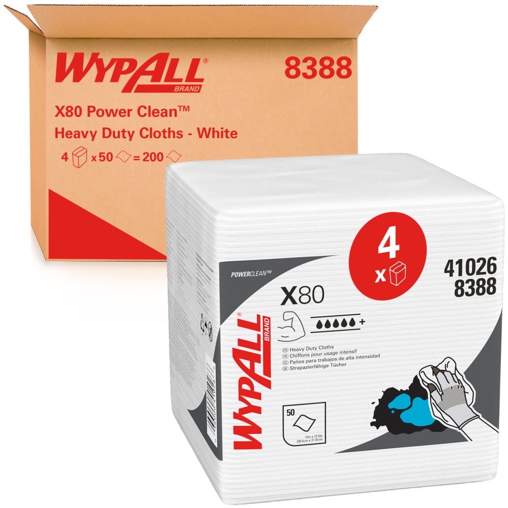 WypAll® X80 Power Clean™ Cleaning Cloths 8388 - Reusable Cloths - 4 Packs x 50 Quarterfold, White, Absorbent Cloths (200 Total) - 8388
