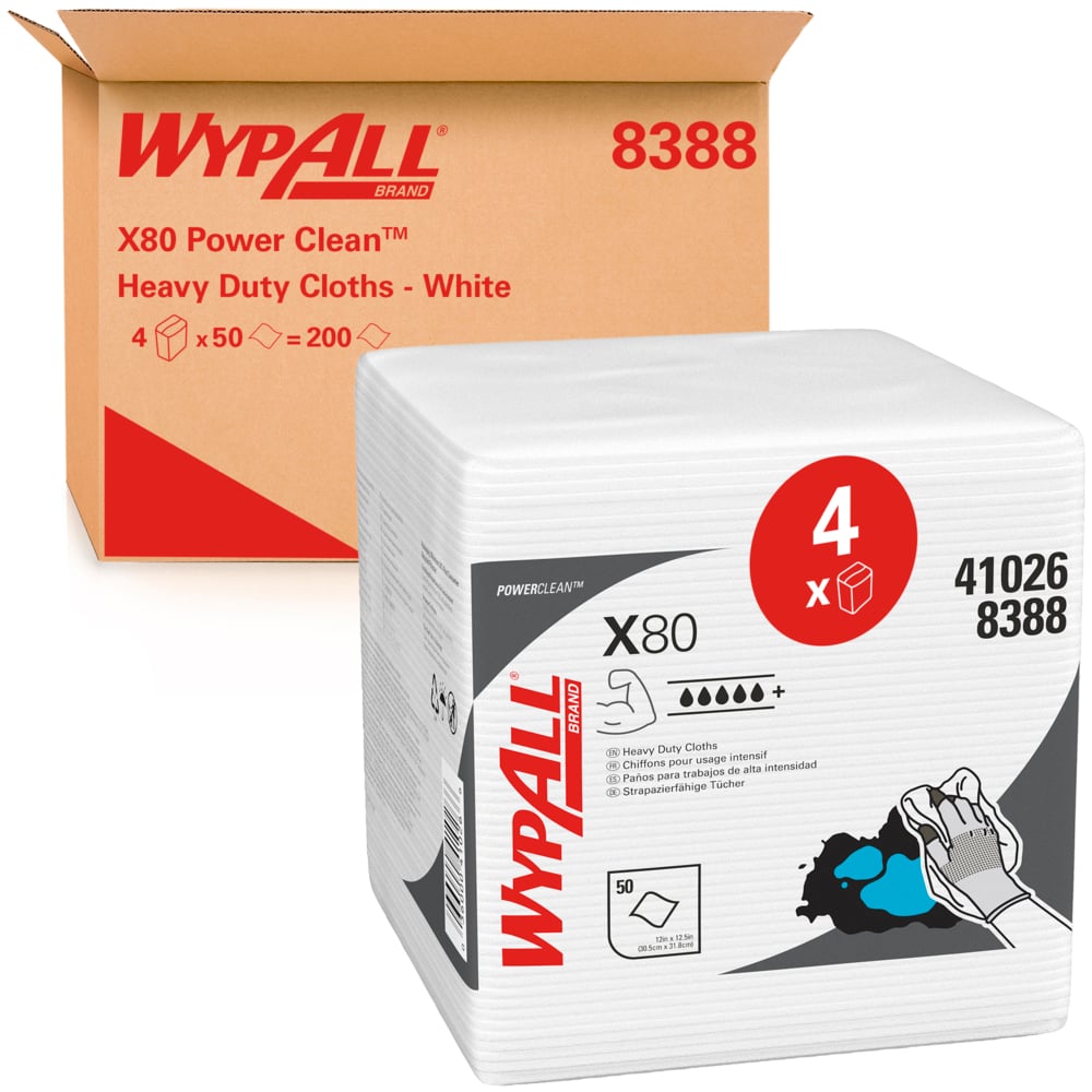 WypAll® X80 Power Clean™-Reinigungstücher 8388 – wiederverwendbare Tücher – 4 Packungen x 50 viertelgefaltete weiße saugfähige Tücher (insges. 200) - 8388