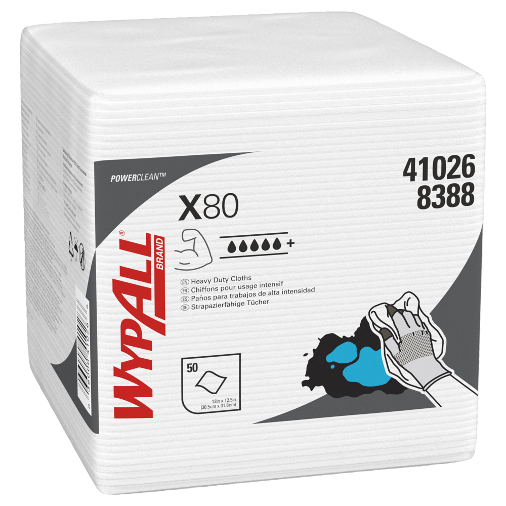 Chiffons de nettoyage WypAll® X80 Power Clean™ 8388 – Chiffons réutilisables – 4 paquets de 50 chiffons absorbants blancs pliés en quatre (200 au total) - 8388
