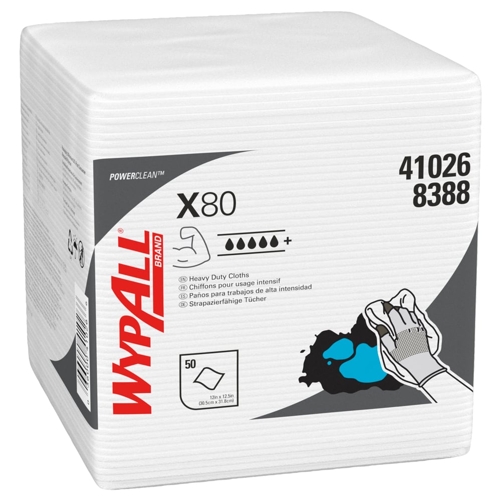 WypAll® X80 Power Clean™ Cleaning Cloths 8388 - Reusable Cloths - 4 Packs x 50 Quarterfold, White, Absorbent Cloths (200 Total) - 8388