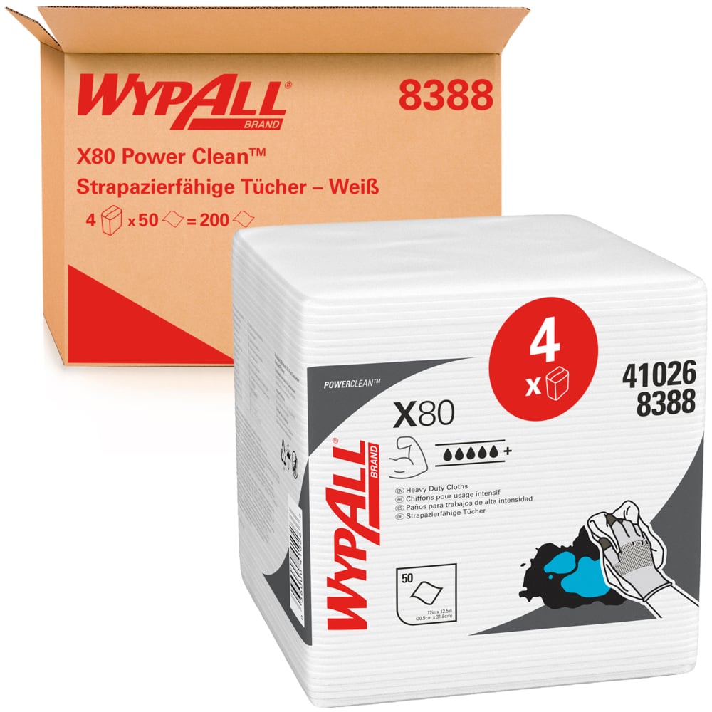 Chiffons de nettoyage WypAll® X80 Power Clean™ 8388 – Chiffons réutilisables – 4 paquets de 50 chiffons absorbants blancs pliés en quatre (200 au total) - 8388