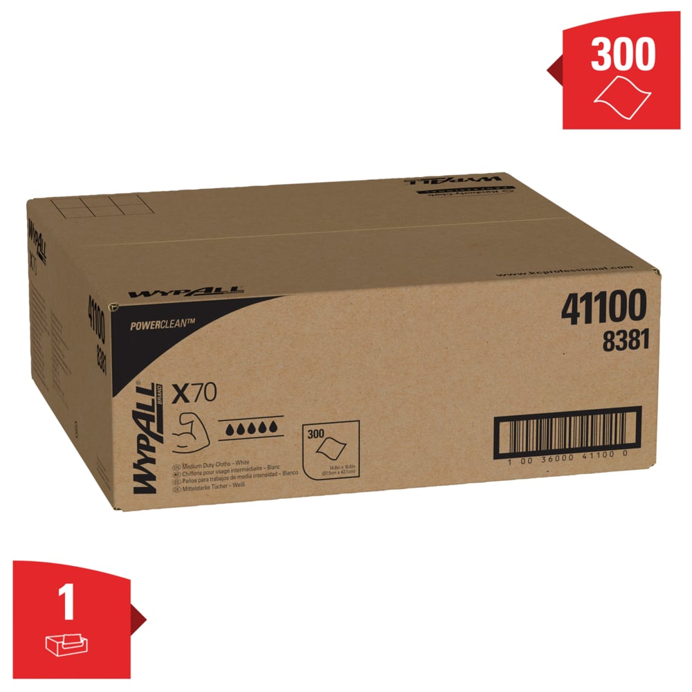 Chiffons de nettoyage WypAll® X70 Power Clean™ 8381 – Chiffons réutilisables – 1 boîte Right Rag de 300 chiffons absorbants blancs - 8381