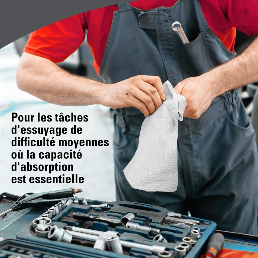 Chiffons de nettoyage WypAll® X70 Power Clean™ 8381 – Chiffons réutilisables – 1 boîte Right Rag de 300 chiffons absorbants blancs - 8381