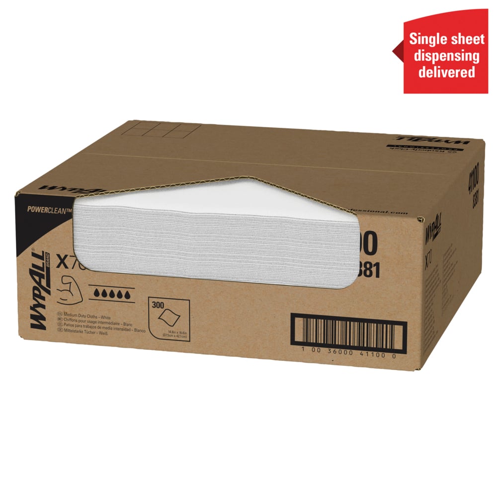 Chiffons de nettoyage WypAll® X70 Power Clean™ 8381 – Chiffons réutilisables – 1 boîte Right Rag de 300 chiffons absorbants blancs - 8381