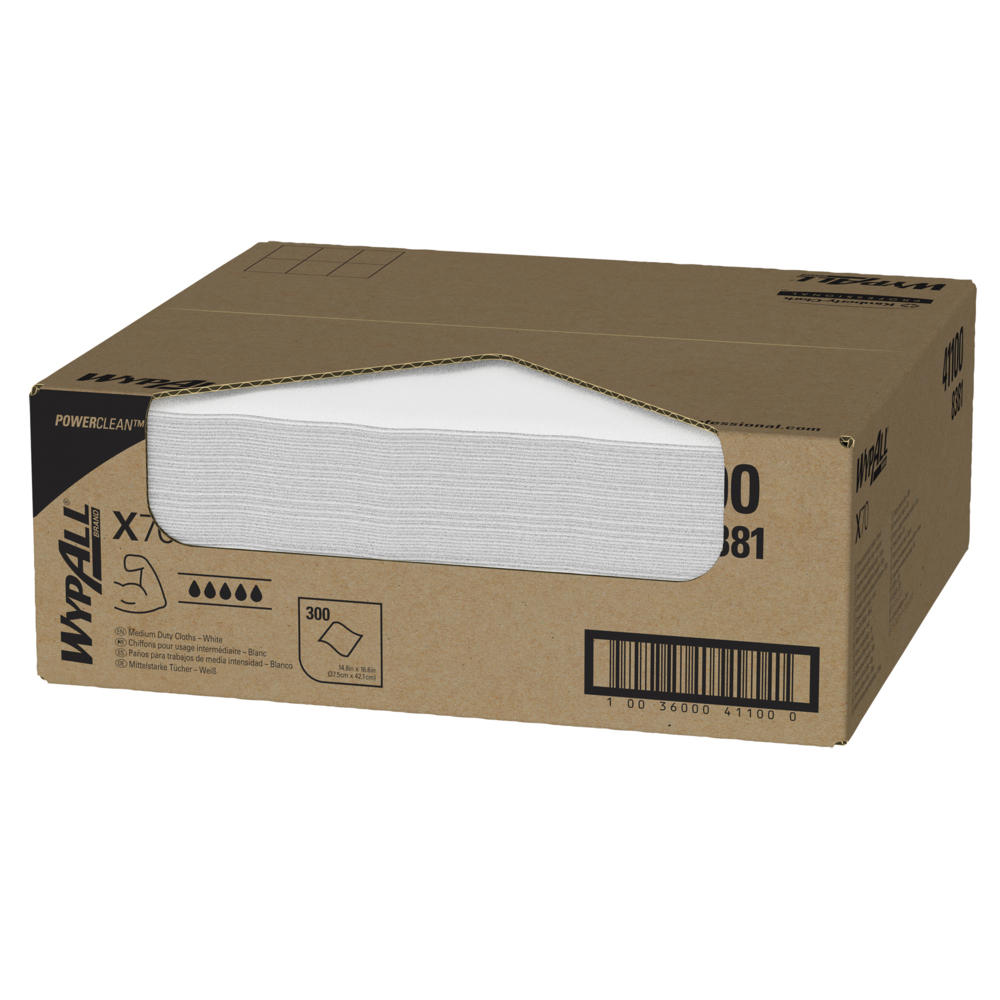 WypAll® X70 Power Clean™-Reinigungstücher 8381 – wiederverwendbare Tücher – 1 Spenderbox mit seitlicher Entnahme x 300 weiße saugfähige Tücher;WypAll® X70 Tücher 8381 – 1 Spenderbox (Entnahme rechts) mit 300 weißen, 1-lagigen Tüchern - 8381