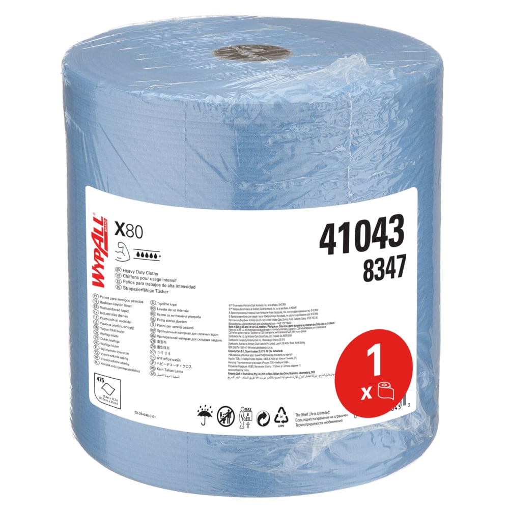 WypAll® X80 General Clean™-poetsdoeken 8347 - herbruikbare poetsdoeken - 1 grote blauwe rol x 475 absorberende poetsdoeken - 8347