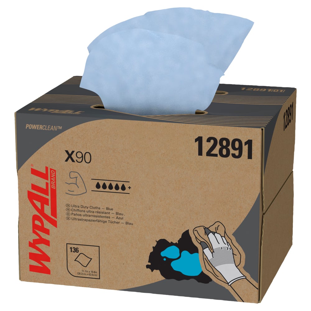 Chiffons WypAll® X90 Power Clean™ 12891 - 1 boîte distributrice BRAG™ de 136 chiffons bleus, 2 épaisseurs - 12891