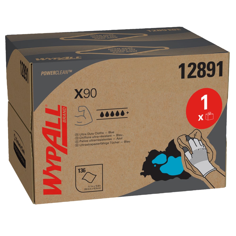 Chiffons WypAll® X90 Power Clean™ 12891 - 1 boîte distributrice BRAG™ de 136 chiffons bleus, 2 épaisseurs - 12891