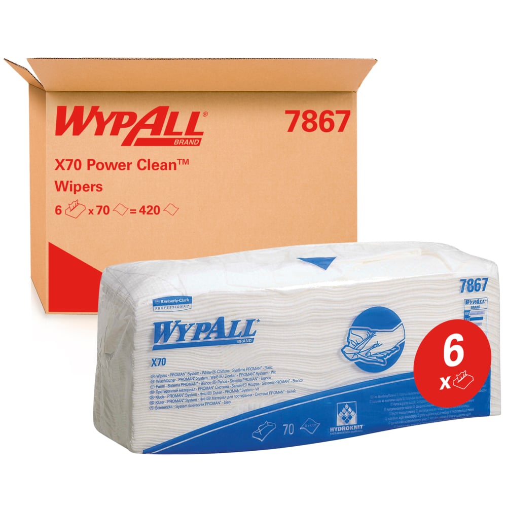 WypAll® X70 Power Clean™ Cleaning Cloths 7867 - Reusable Cloths - 6 Packs x 70 Folded White Absorbent Cloths (420 Total) - 7867