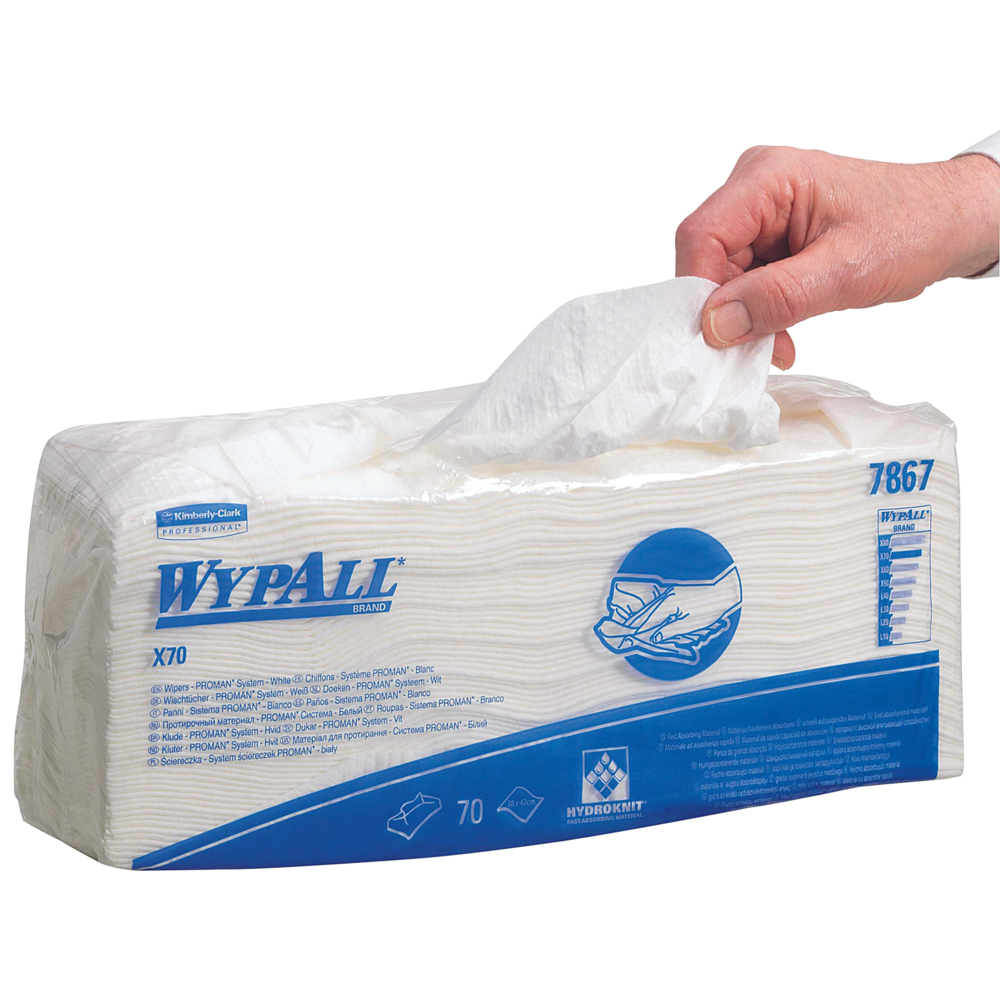 Chiffons de nettoyage WypAll® X70 Power Clean™ 7867 – Chiffons réutilisables – 6 paquets de 70 chiffons absorbants blancs pliés (420 au total) - 7867