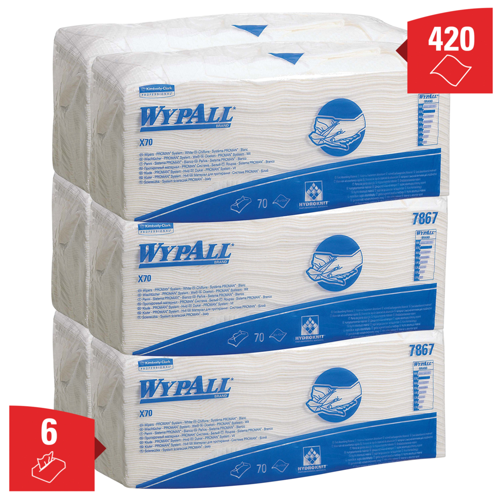 Chiffons de nettoyage WypAll® X70 Power Clean™ 7867 – Chiffons réutilisables – 6 paquets de 70 chiffons absorbants blancs pliés (420 au total) - 7867