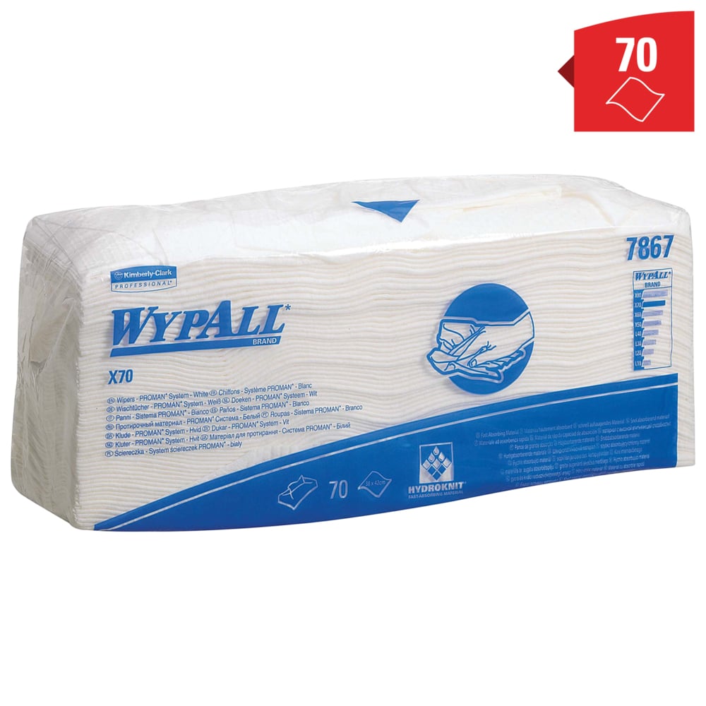 Chiffons de nettoyage WypAll® X70 Power Clean™ 7867 – Chiffons réutilisables – 6 paquets de 70 chiffons absorbants blancs pliés (420 au total) - 7867