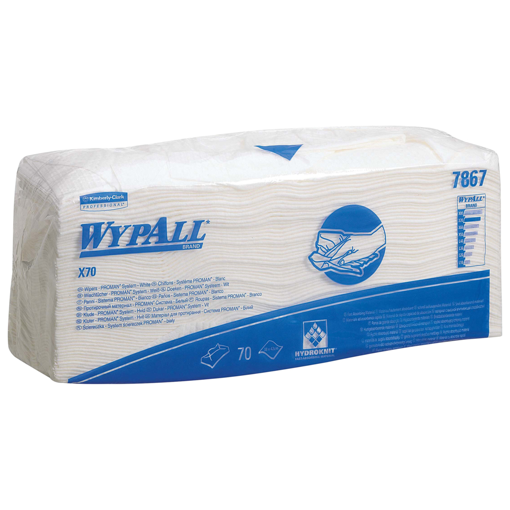 WypAll® X70 Power Clean™-poetsdoeken 7867 - herbruikbare poetsdoeken - 6 pakken x 70 gevouwen witte, absorberende poetsdoeken (420 in totaal) - 7867