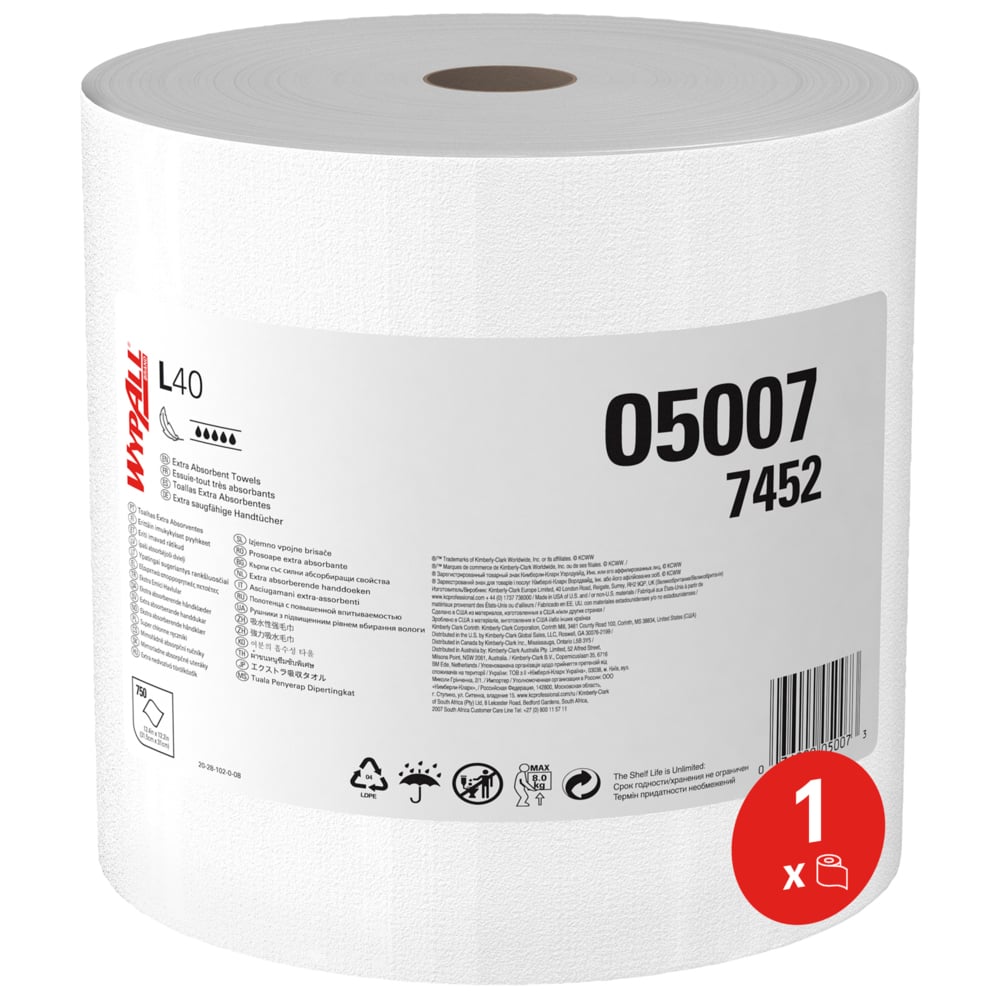 WypAll® L40 Power Clean™ Large Roll Wipers 7452 - Industrial Wipers - 1 Wiper Roll x 750 White Cleaning Wipes - 7452