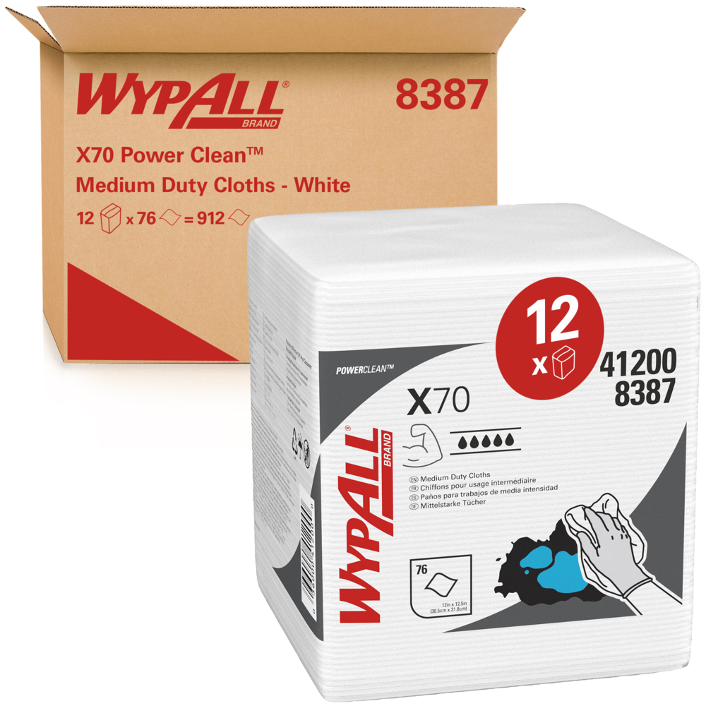 WypAll® X70 Reinigungstücher 8387 – 12 Packungen mit je 76 viertelgefalteten, weißen, 1-lagigen Tüchern - 8387