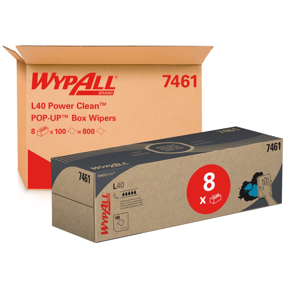 WypAll® L40 Power Clean™ POP-UP™-Wischtücher in der Zupfbox 7461 – Wischpapier – 8 Boxen x 100 weiße Reinigungstücher (insges. 800) - 7461