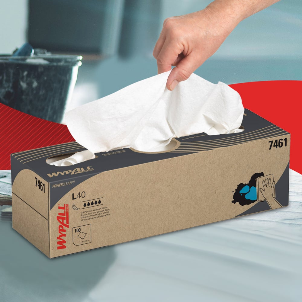 WypAll® L40 Power Clean™ POP-UP™ Box Wipers 7461 - Wiping Paper – 8 Boxes x 100 White Cleaning Wipers (800 Total) - 7461