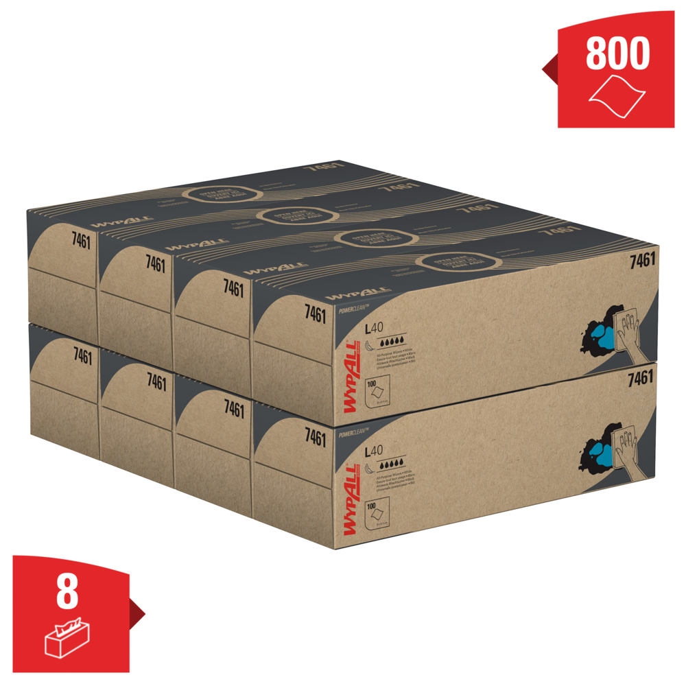 Paños en caja POP-UP™ Box WypAll® L40 Power Clean™ 7461 - Paños de papel para limpieza - 8 cajas x 100 paños de limpieza blancos (800 en total) - 7461