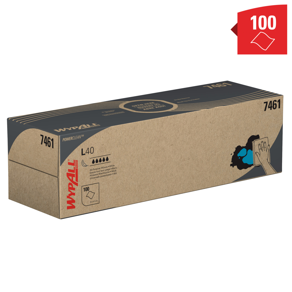 Paños en caja POP-UP™ Box WypAll® L40 Power Clean™ 7461 - Paños de papel para limpieza - 8 cajas x 100 paños de limpieza blancos (800 en total) - 7461
