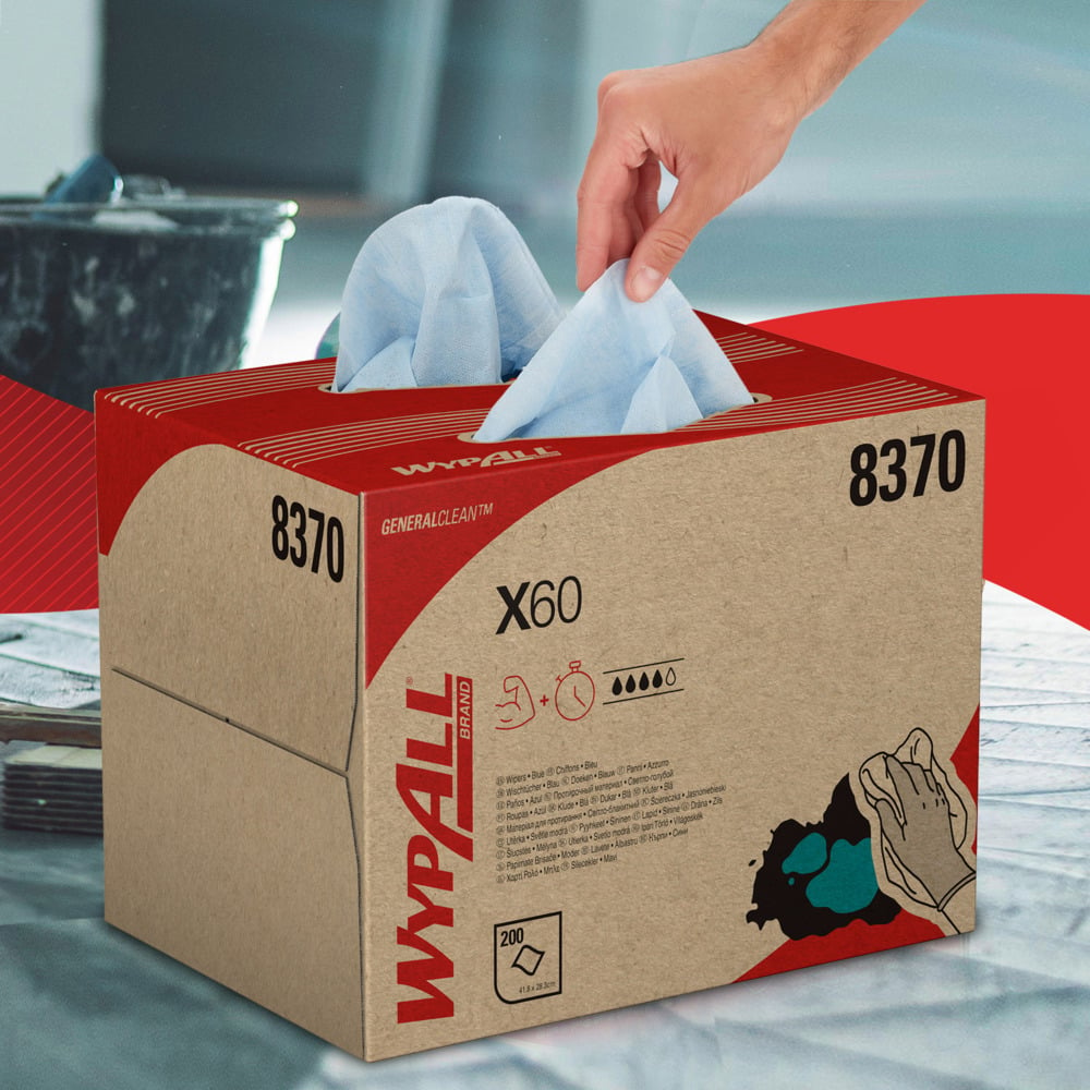 WypAll® X60 General Clean™ Cloths 8370 - Blue Cleaning Cloths - 1 BRAG™ Box x 200 Wiping Cloths (200 total) - 8370