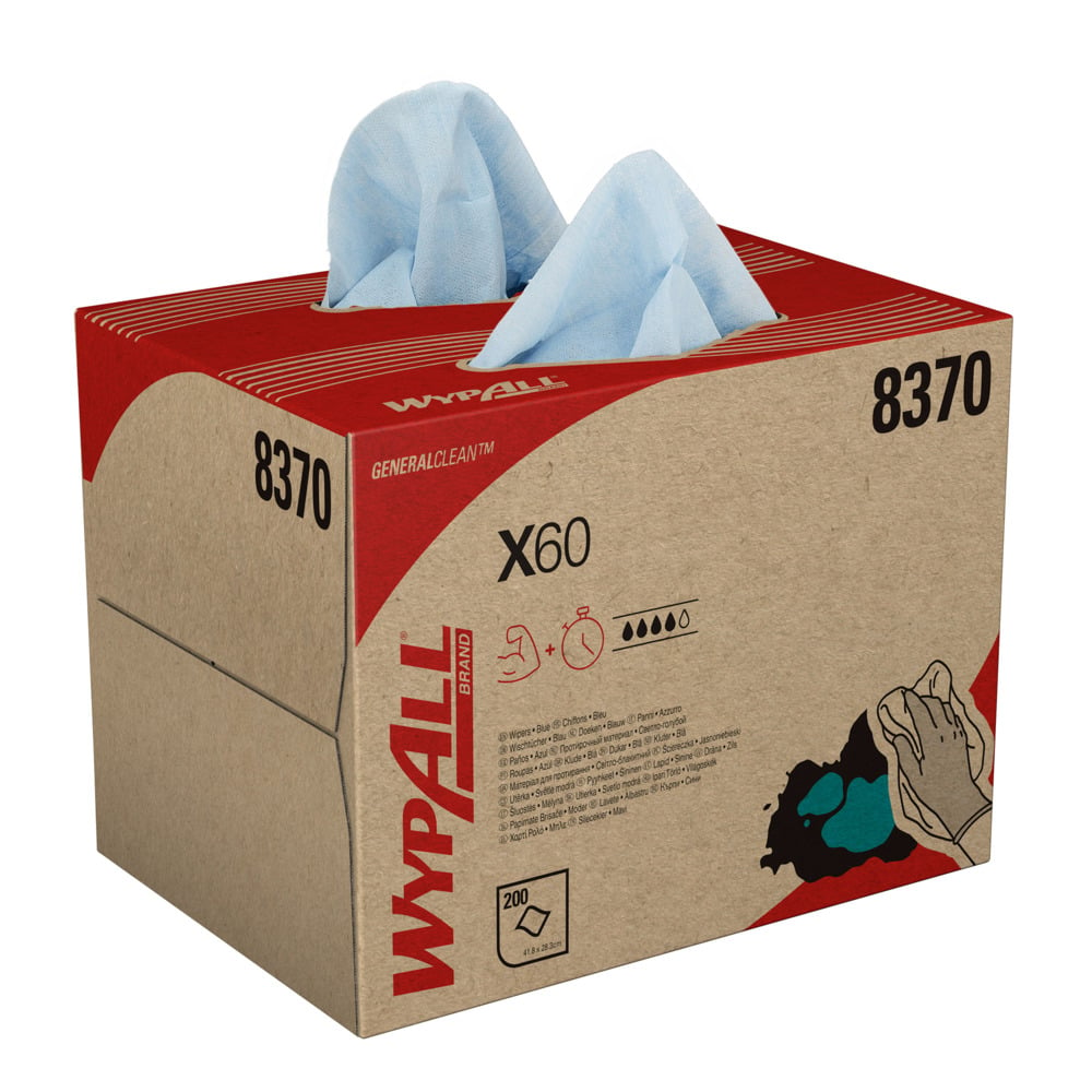 Chiffons WypAll® X60 General Clean™ 8370 - Chiffons de nettoyage bleus - 1 boîte BRAG™ x 200 chiffons d'essuyage (200 au total) - 8370