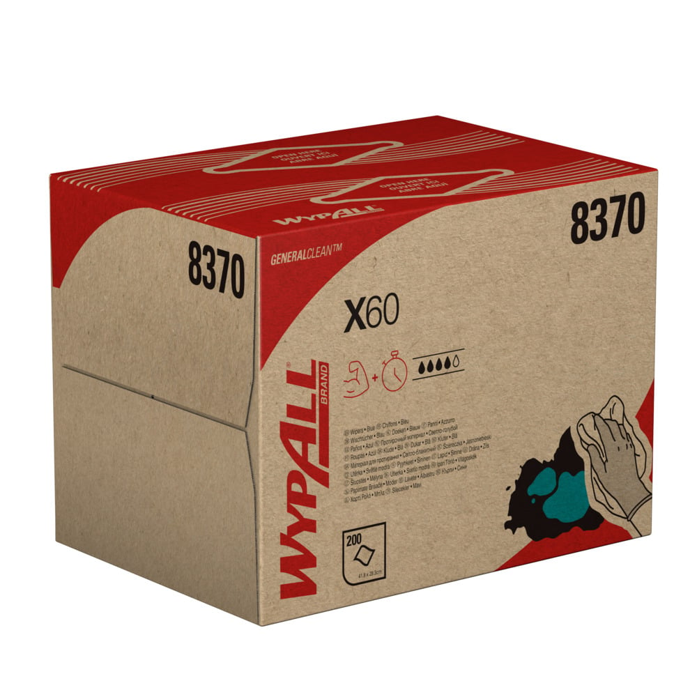 WypAll® X60 General Clean™ Cloths 8370 - Blue Cleaning Cloths - 1 BRAG™ Box x 200 Wiping Cloths (200 total) - 8370