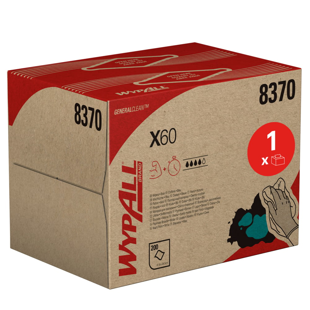 WypAll® X60 General Clean™ Cloths 8370 - Blue Cleaning Cloths - 1 BRAG™ Box x 200 Wiping Cloths (200 total)