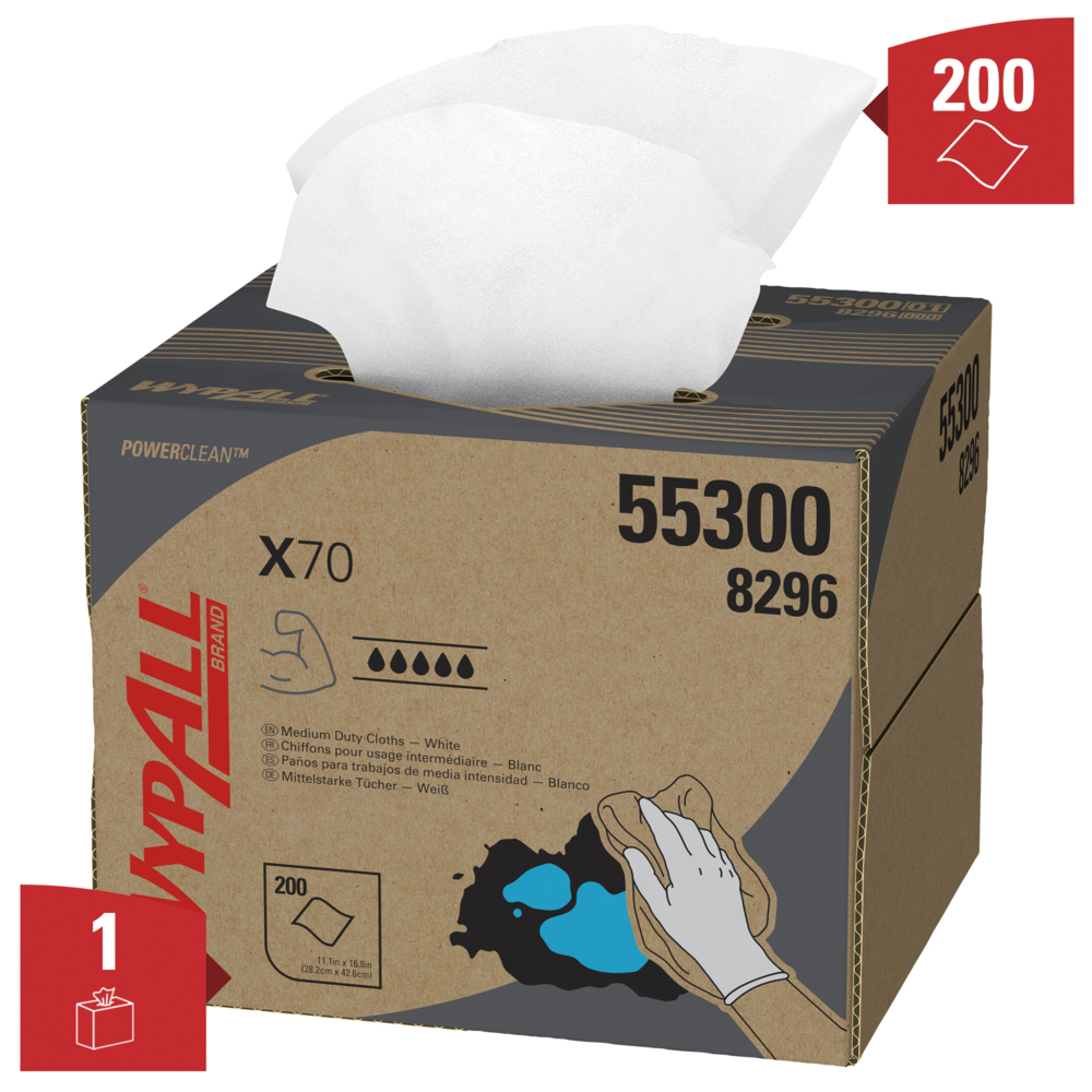 WypAll® X70 Power Clean™-poetsdoeken 8296 - herbruikbare poetsdoeken - 1 BRAG™ Box x 200 witte, absorberende poetsdoeken - 8296
