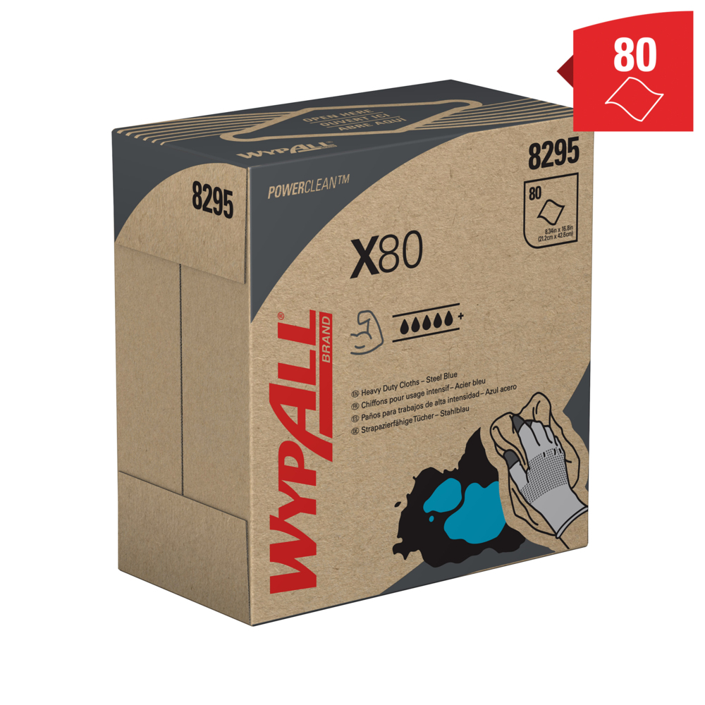 Chiffons de nettoyage bleus WypAll® X80 Power Clean™ 8295 – Chiffons réutilisables – 5 boîtes POP-UP™ de 80 chiffons absorbants bleus (400 au total) - 8295