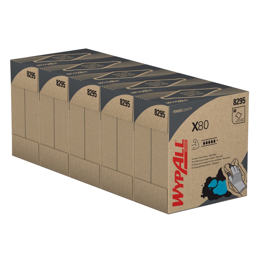 WypAll® X80 Power Clean™ Blue Cleaning Cloths 8295 - Reusable Cloths - 5 POP-UP™ Boxes x 80 Blue Absorbent Cloths (400 Total) - 8295