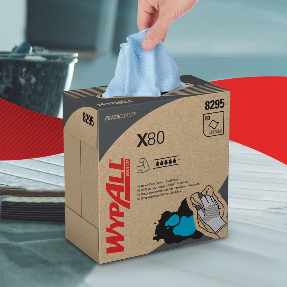 WypAll® X80 Power Clean™ blaue Reinigungstücher 8295 – wiederverwendbare Tücher – 5 POP-UP™-Boxen x 80 saugfähige Tücher, blau (insges. 400);WypAll® X80 Tücher 8295 – 5 Zupfboxen mit je 80 blauen, 1-lagigen Tüchern - 8295