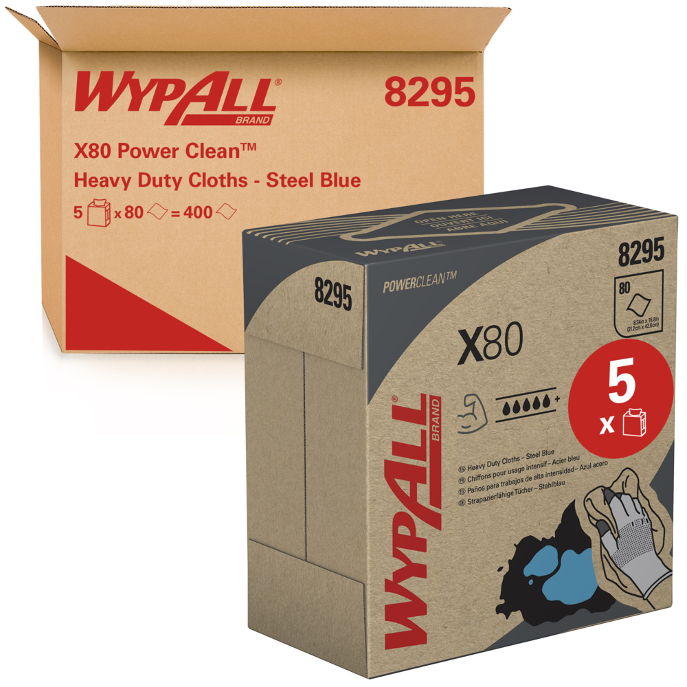 WypAll® X80 Power Clean™ blaue Reinigungstücher 8295 – wiederverwendbare Tücher – 5 POP-UP™-Boxen x 80 saugfähige Tücher, blau (insges. 400);WypAll® X80 Tücher 8295 – 5 Zupfboxen mit je 80 blauen, 1-lagigen Tüchern - 8295