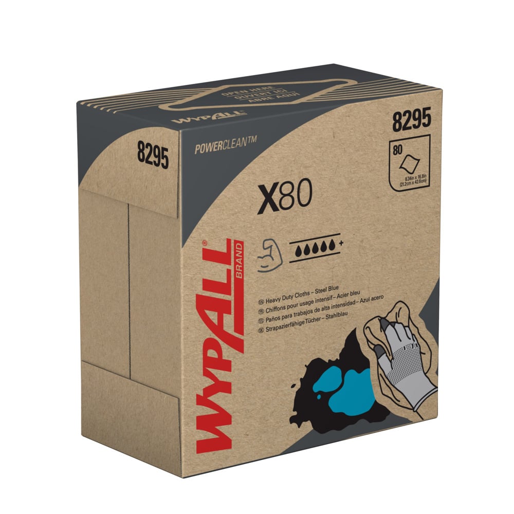 WypAll® X80 Power Clean™ blaue Reinigungstücher 8295 – wiederverwendbare Tücher – 5 POP-UP™-Boxen x 80 saugfähige Tücher, blau (insges. 400);WypAll® X80 Tücher 8295 – 5 Zupfboxen mit je 80 blauen, 1-lagigen Tüchern - 8295