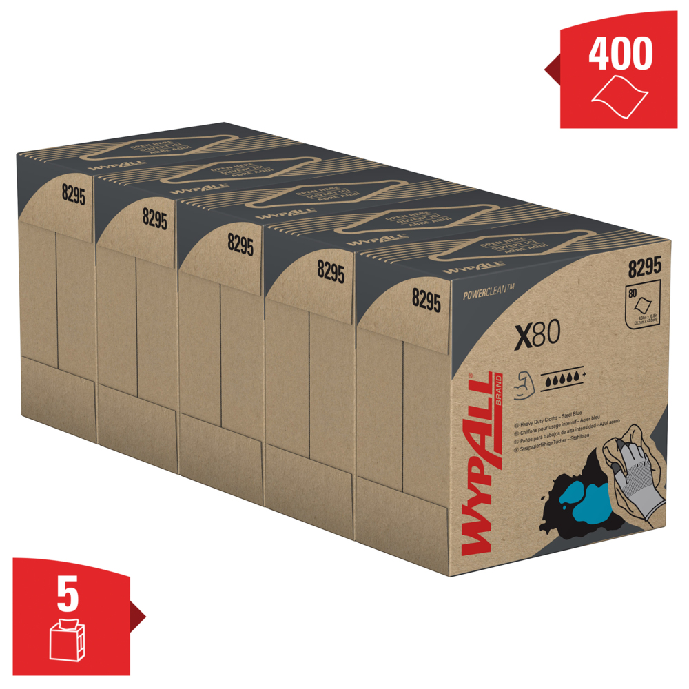 Chiffons de nettoyage bleus WypAll® X80 Power Clean™ 8295 – Chiffons réutilisables – 5 boîtes POP-UP™ de 80 chiffons absorbants bleus (400 au total) - 8295