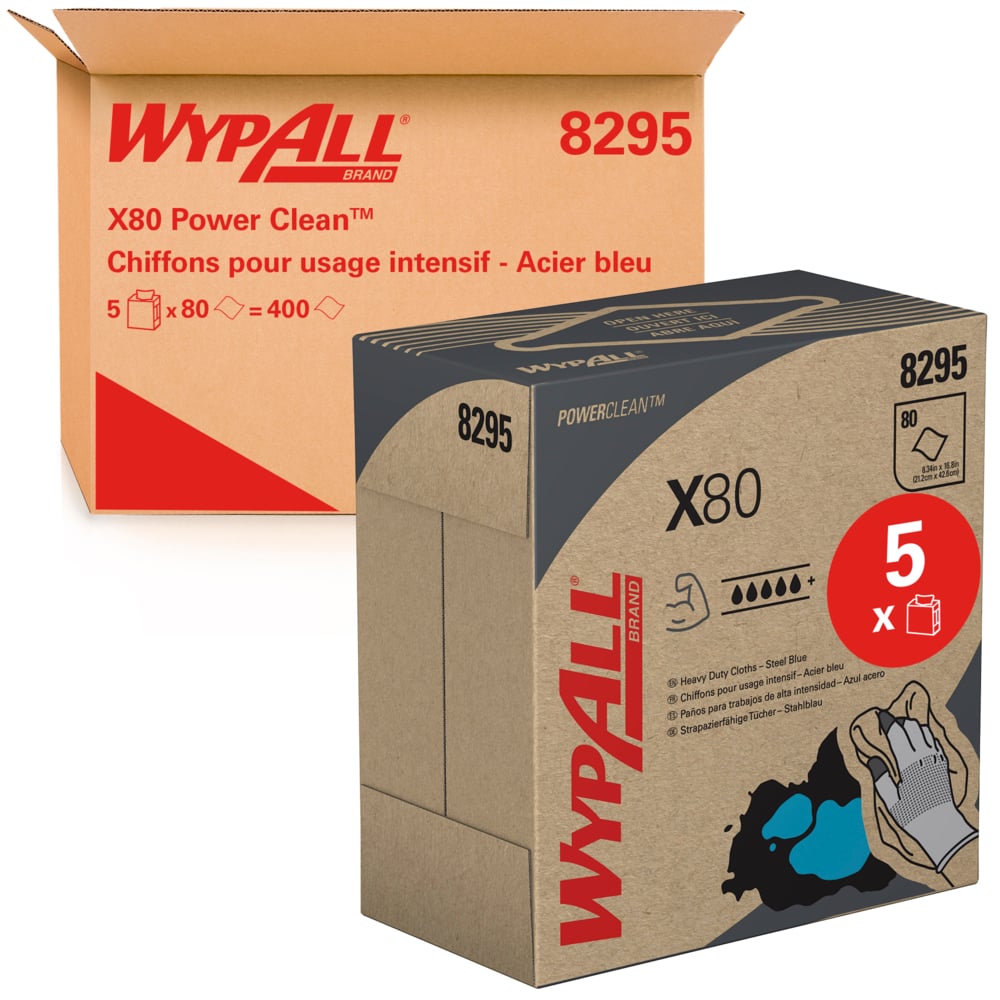 Chiffons WypAll® X80 8295 - 5 boîtes POP-UP™ de 80 chiffons bleus, 1 épaisseur;Chiffons de nettoyage bleus WypAll® X80 Power Clean™ 8295 – Chiffons réutilisables – 5 boîtes POP-UP™ de 80 chiffons absorbants bleus (400 au total) - 8295